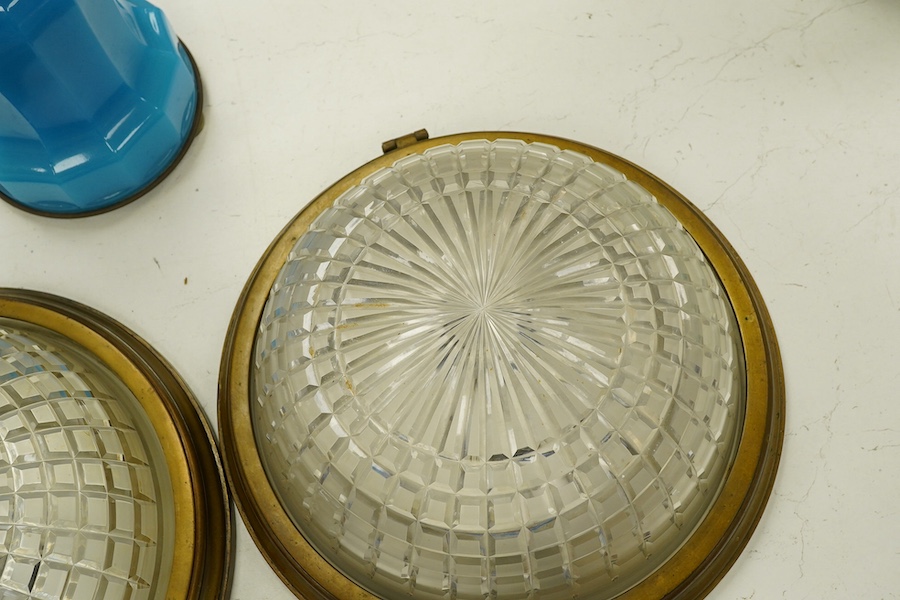 A pair of cast brass and cut glass ceiling domes, by repute from old Stock Exchange, 37cm in diameter. Condition - fair to good